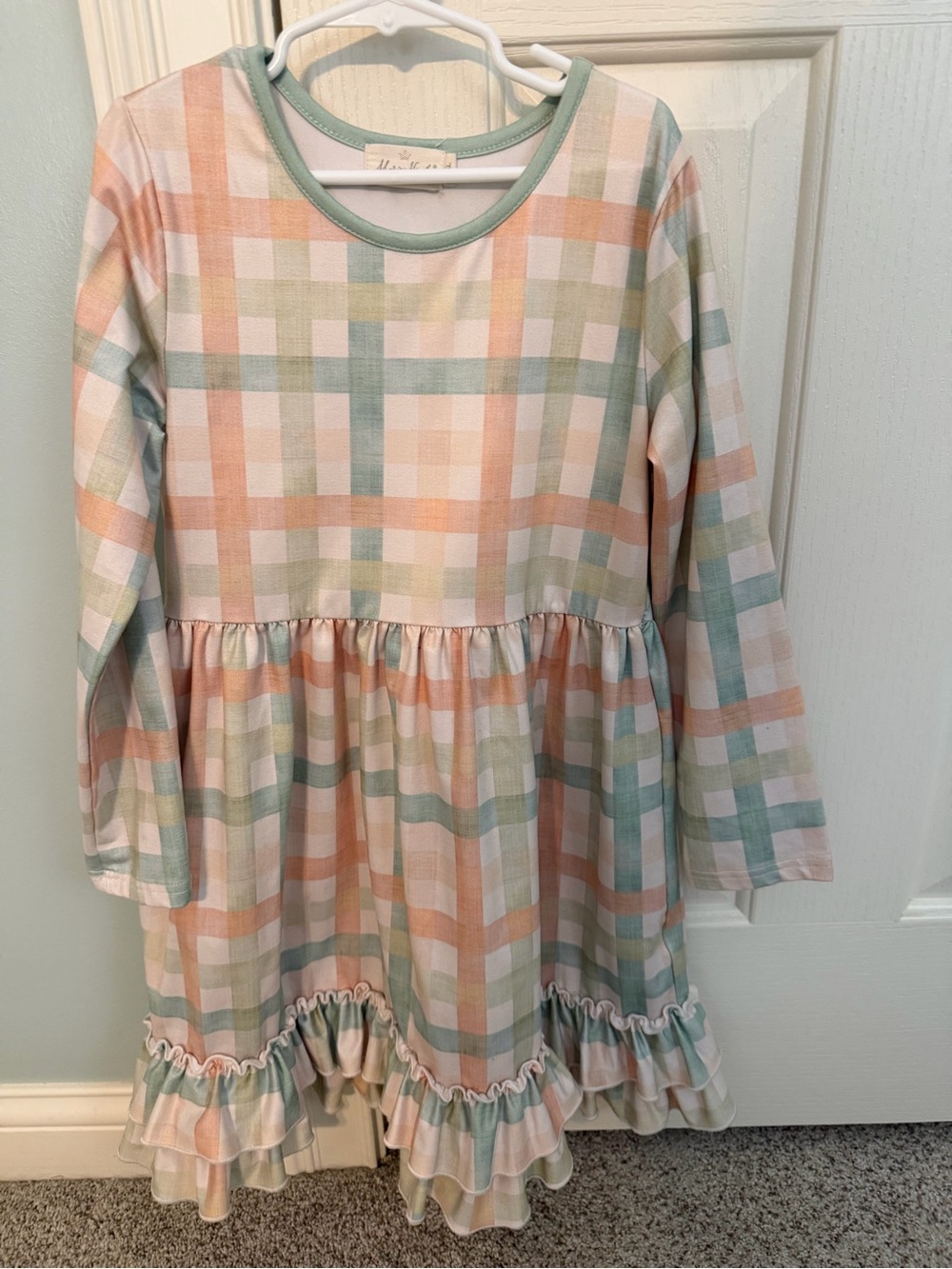Pastel Plaid Ruffle Hem Kids Dress - Mint & Peach